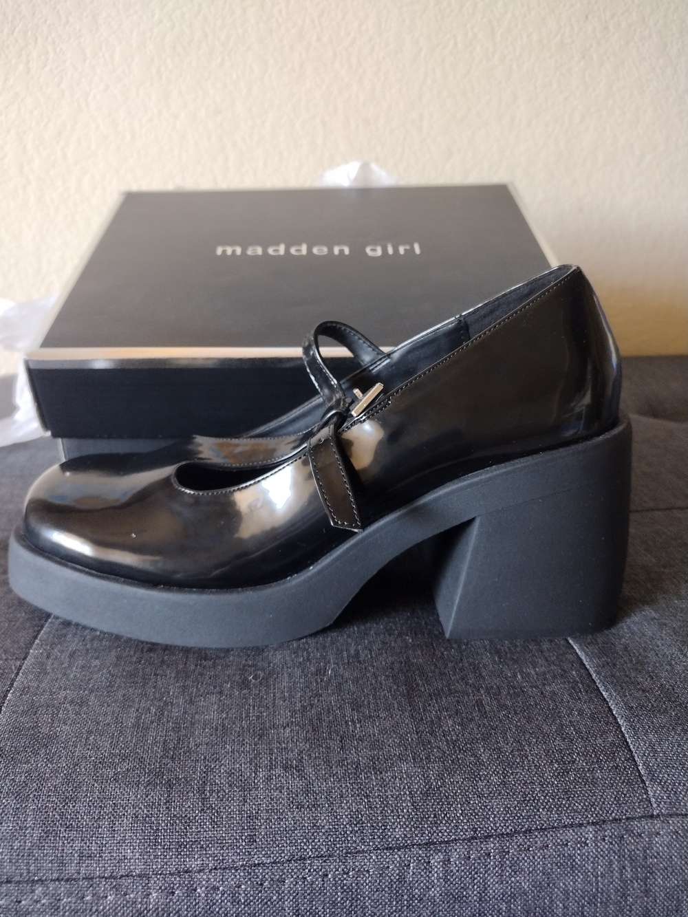 Madden Girl Glossy Black Mary Jane Block Heel